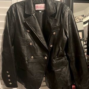 Real Leather Double Breasted Blazer with Gold Buttons